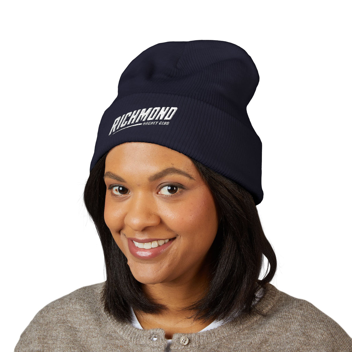Embroidered Classic Cuffed Beanie — Minimal White Knit Winter Hat