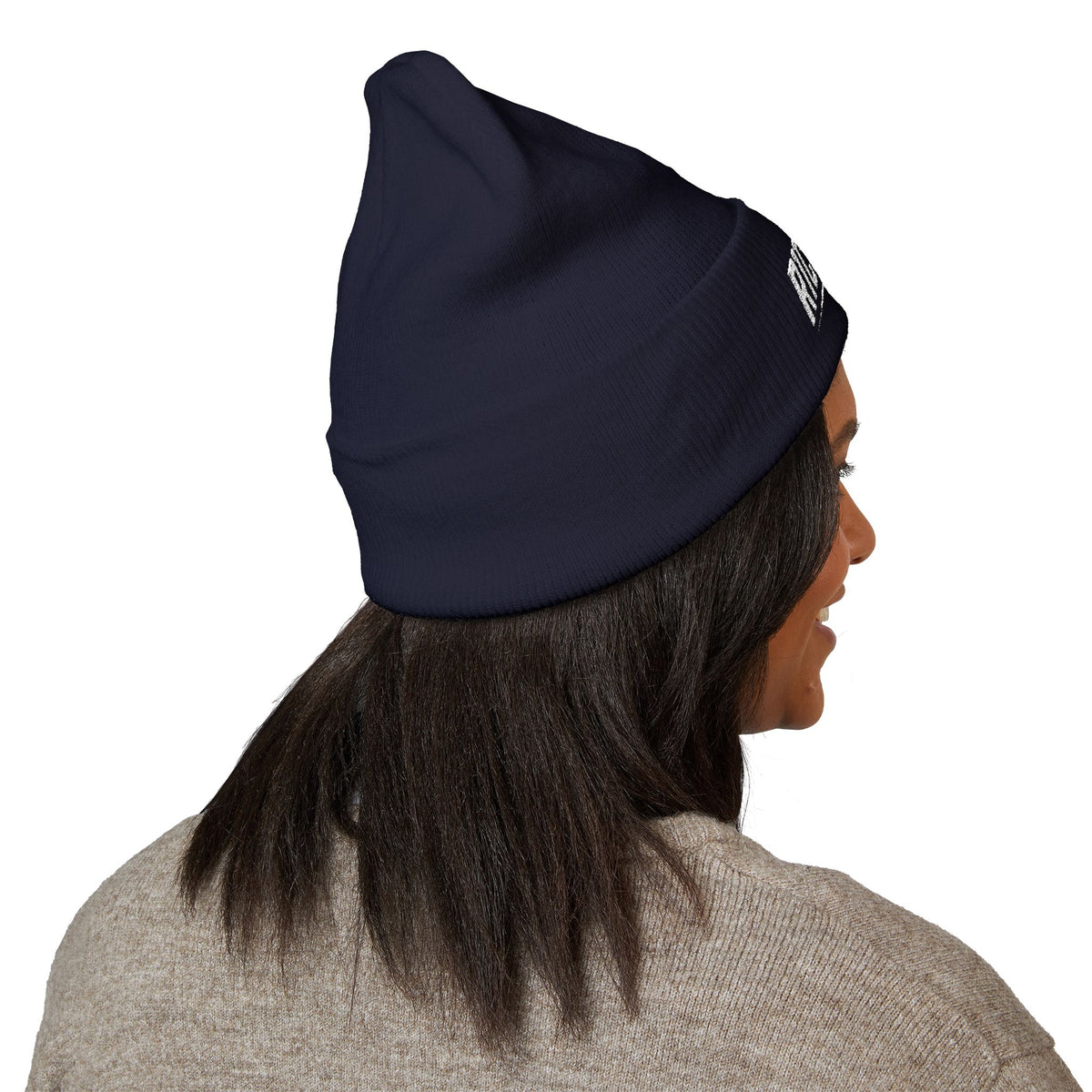 Embroidered Classic Cuffed Beanie — Minimal White Knit Winter Hat